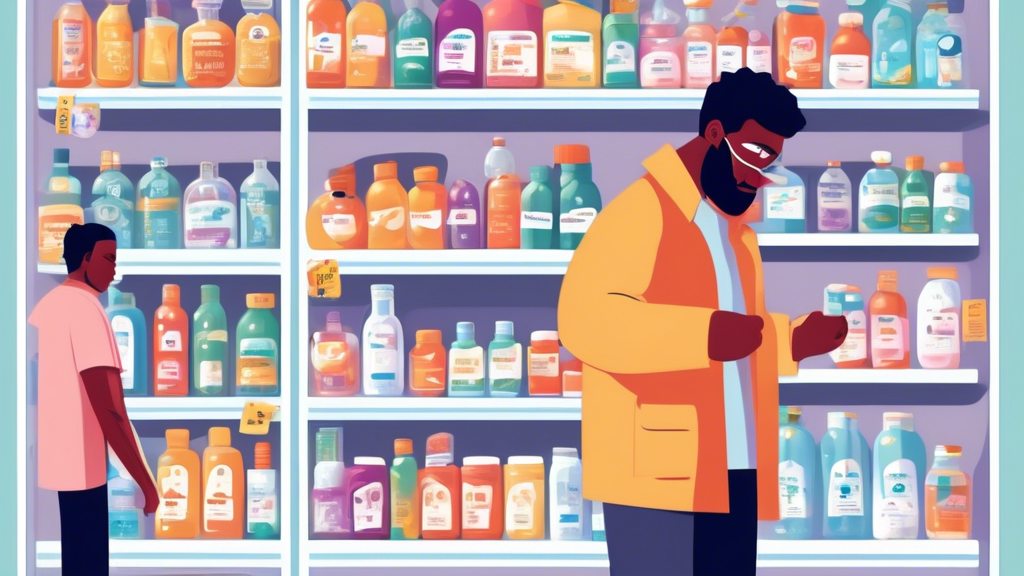 An image depicting a diverse group of animated characters, each representing different personal habits and hangover symptoms, standing in a pharmacy aisle looking at a variety of hangover patch products displayed on the shelves. Above the characters, icons or bubbles showing different symptoms like headaches, nausea, and fatigue float, helping each character choose the right patch. Include details such as safety instruction pamphlets and allergy warning labels on the packaging, emphasizing the importance of informed selection.