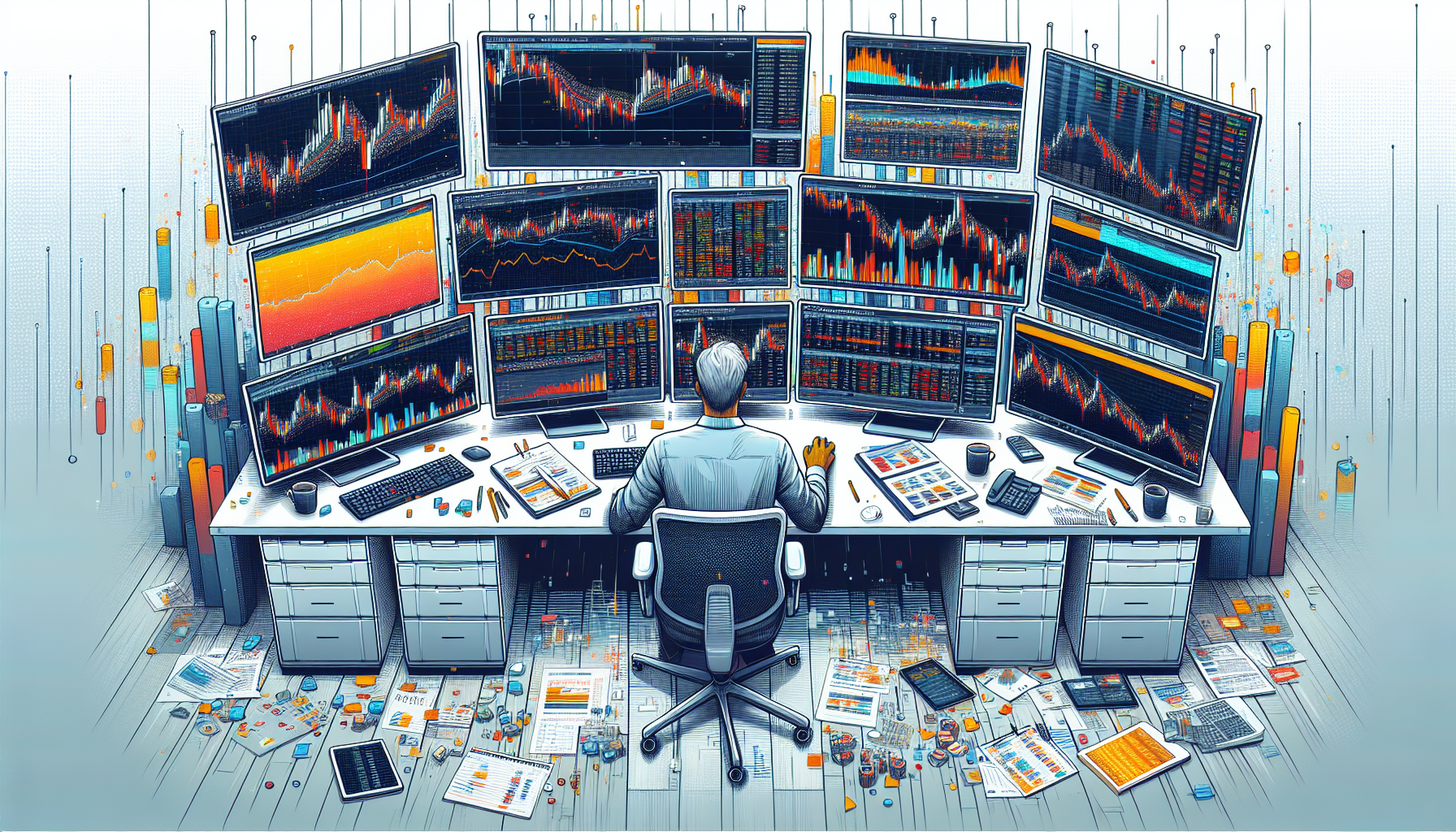 Create a detailed digital illustration showing a trader at a desk with multiple computer screens displaying TD Ameritrade