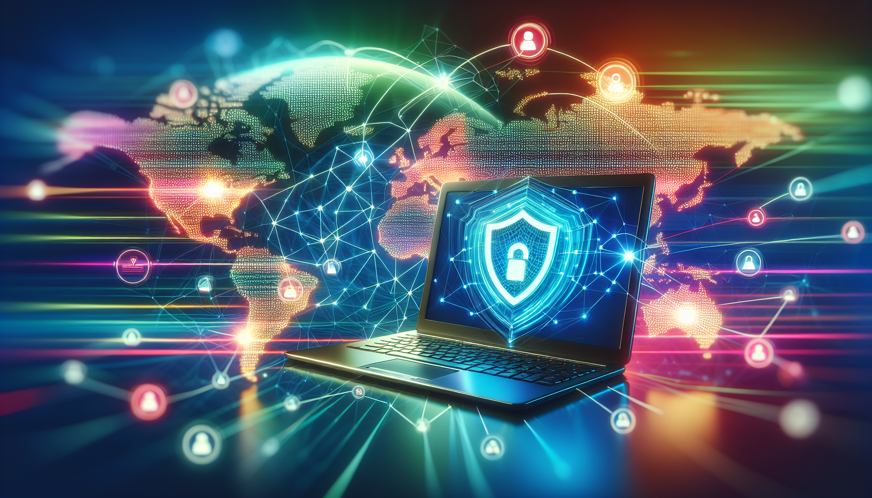 Create an image of a world map with highlighted nodes connected by secure, glowing lines representing global servers. In the foreground, illustrate a laptop with the Norton VPN logo on its screen, showing a fast and smooth internet connection. Include comparative icons for other VPN services in the background, slightly blurred, to emphasize the superior performance of Norton VPN.