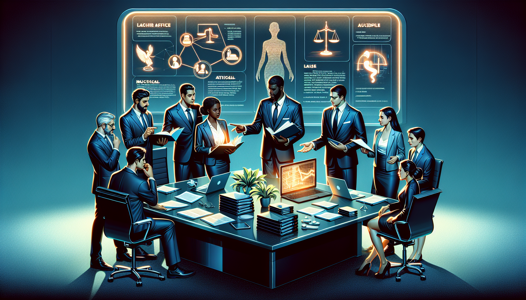 DALL-E prompt: A detailed and composed law office scene showcasing a diverse group of accident and injury lawyers actively engaging in discussion. They are seated around a sleek conference table covered with various legal documents, including case files and a laptop displaying client testimonials. Each lawyer displays expertise in different specializations within accident and injury law, represented by subtle cues like medical, automotive, and workplace-themed icons on their documents. Another lawyer is shown in a corner, explaining a complex chart, highlighting his communication skills and approachability. The setting conveys a professional and reassuring atmosphere, emphasizing the lawyers’ experience and successful track record.