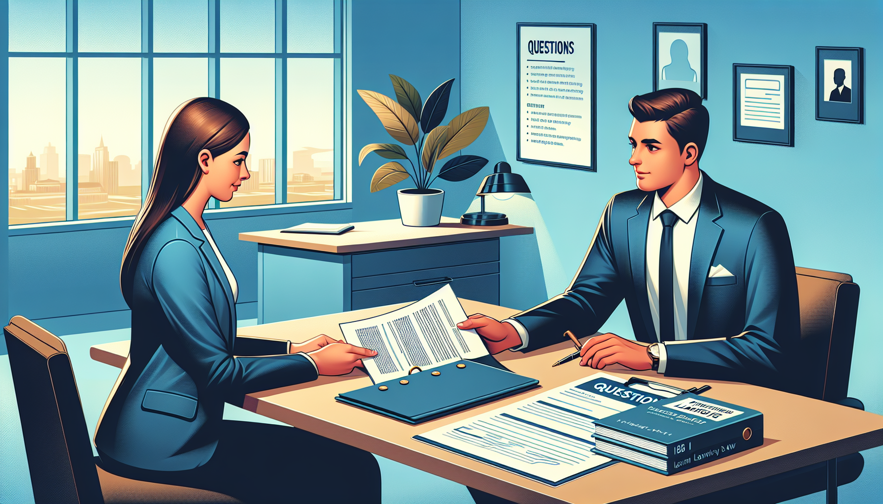An illustration of a potential client sitting at a spacious desk across from an accident and injury lawyer in a professional office setting, engaging in a consultation. The client is handing over a folder containing documents like police reports and medical records to the attentive lawyer, who is taking notes. On the desk, a list of thoughtful questions prepared by the client is visible, alongside a transparent guide detailing legal fees and payment structures. The setting conveys a sense of trust and confidentiality.