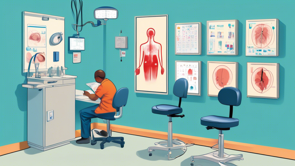 An illustration of a DOT physical examination room, highlighting various stations for vision and hearing tests, a blood pressure monitor, and a space for urinary analysis. Include a patient sitting and undergoing examination while a certified medical professional conducts the tests. The room should have posters on the wall about DOT guidelines and necessary medical documents displayed prominently.