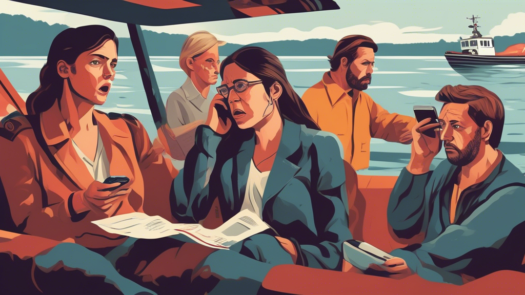 DALL-E, create an image depicting a stressful scene immediately after a boat accident near Bea Ontario, with people on the boat urgently using their phones to contact lawyers, highlighted by close-ups of their anxious faces and a serene background contrasting the tension, symbolizing the immediate need for specialized legal assistance in Beaumont.