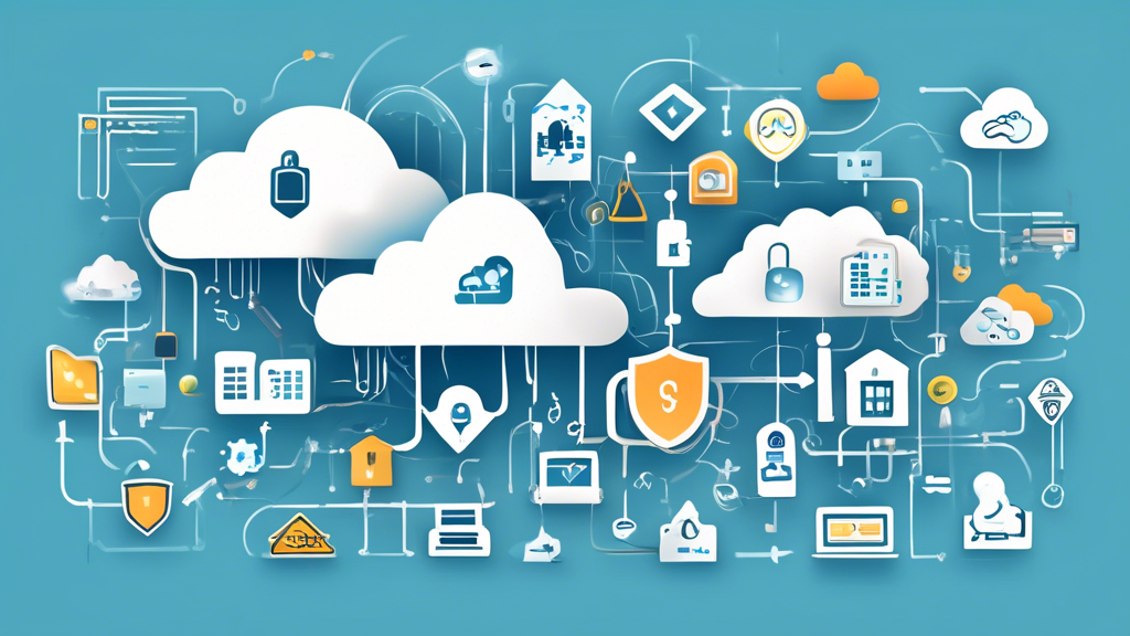 Create an image that showcases the future challenges and opportunities of cloud technology. On one side of the image, illustrate data security concerns with icons of locks, shields, and warning signs to represent privacy issues. On the other side, depict the opportunities with symbols such as a graph showing upward growth, cost-management icons like dollar signs, and futuristic cityscapes to indicate market potential and trends. All of these elements should be connected by a network of cloud shapes, symbolizing cloud technology as the central theme.