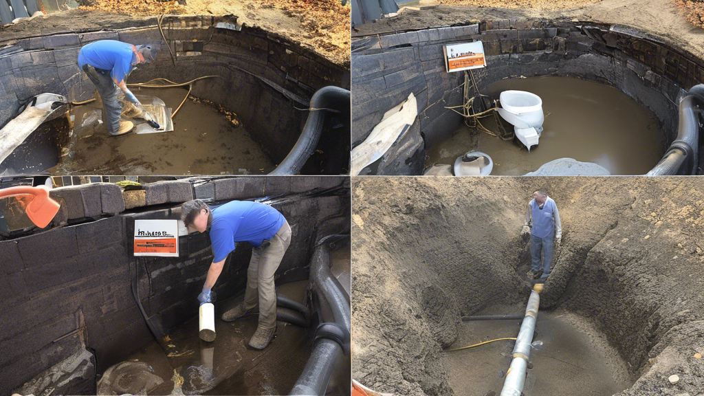 Create a detailed image showcasing a step-by-step process of efficient sewer repair. The image should depict key stages: diagnosing the issue using modern tools like a sewer camera, choosing between traditional digging and trenchless repair methods, and applying high-quality materials and techniques. Include brief labels for each stage for clarity.