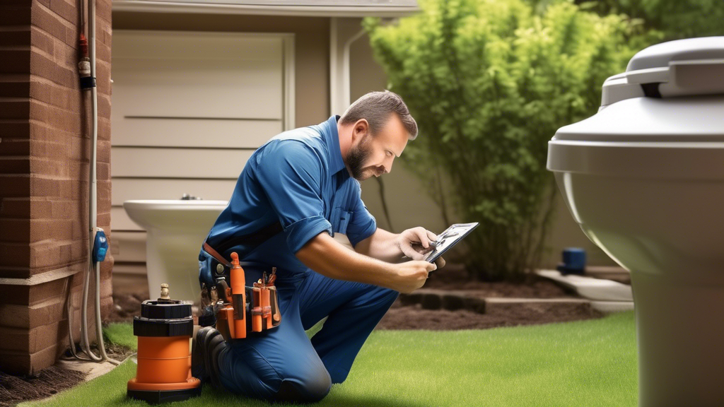 Create an image depicting a professional plumber conducting a regular inspection of a residential sewer system. The plumber should be using modern tools such as a sewer camera and a pipe locator, showcasing routine maintenance and inspection procedures. The background should include a well-maintained house and garden, emphasizing preventive sewer system care to avoid future repairs.