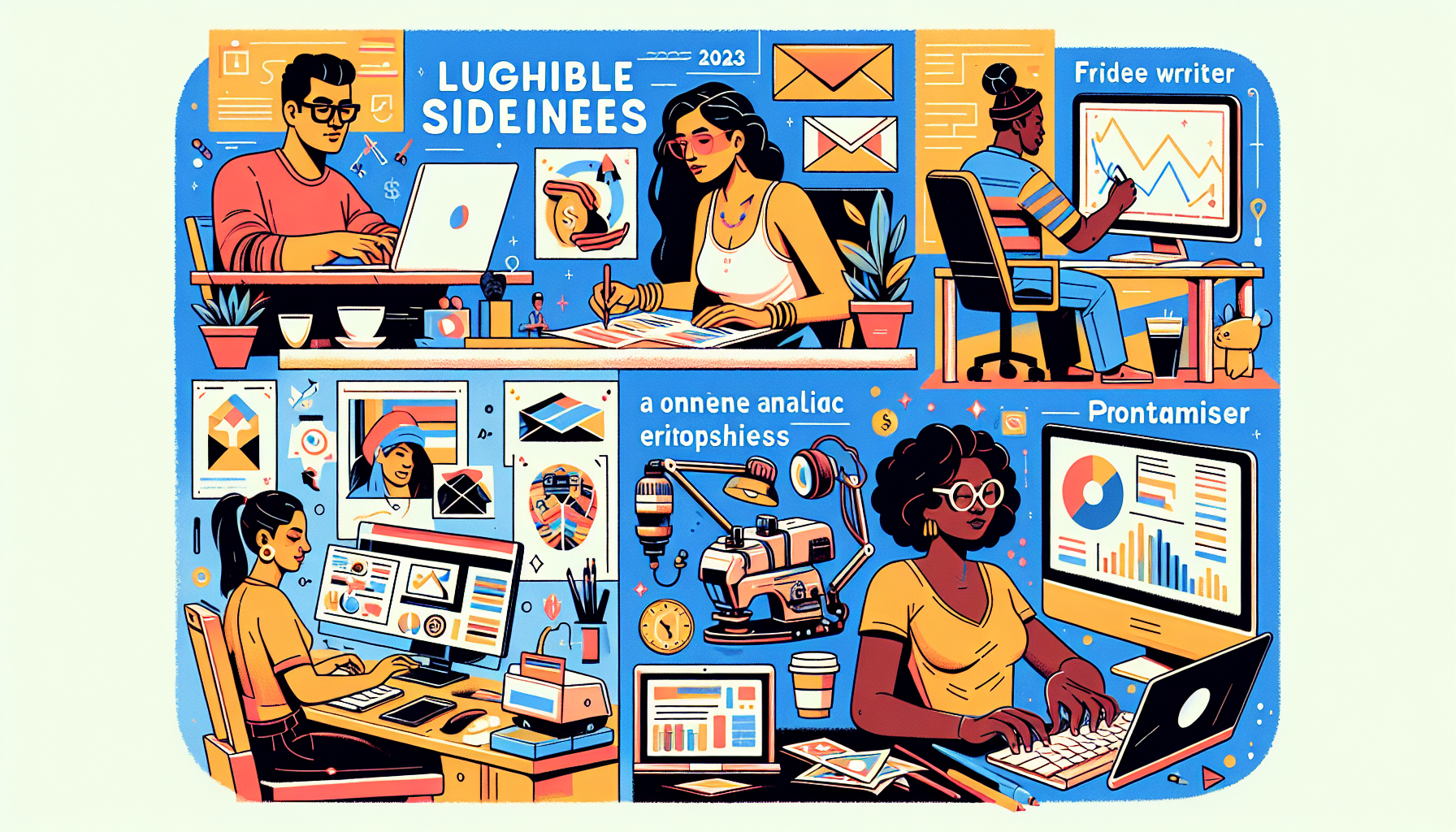 **Prompt:** Create an image that showcases several high-paying side hustles for 2023. The image should feature people engaging in various freelance gig economy tasks like writing, graphic design, and programming. Include visuals representing e-commerce ventures such as a dropshipping setup, print-on-demand service, and someone managing an Etsy store. All the scenes should appear seamless and integrated, highlighting the diverse opportunities available in these lucrative side hustles. Use a modern and vibrant color scheme to emphasize the current and dynamic nature of these opportunities. Keywords to include: high-paying side hustles, best side hustles 2023.