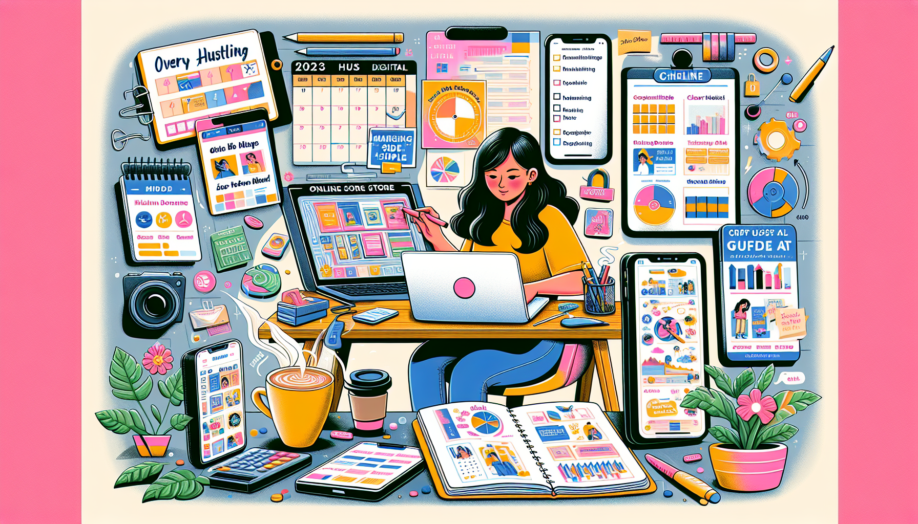 A young professional sitting at a desk with a laptop and planner, efficiently managing time between a full-time job and multiple side hustles in 2023. The scene includes visual elements of different side hustle activities like a small online store setup, freelance graphic design projects, and a calendar displayed on a smartphone. Incorporate digital tools for time management, checklists, and a cup of coffee to emphasize a productive yet balanced workflow, highlighting keywords like manage side hustles, balance side hustles, and scaling side hustles.