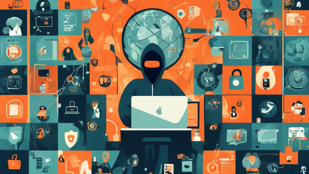 Create a detailed illustration that depicts the importance of online privacy. The image should show a computer user surrounded by various internet threats such as hackers, data breaches, and surveillance symbols. Emphasize the user