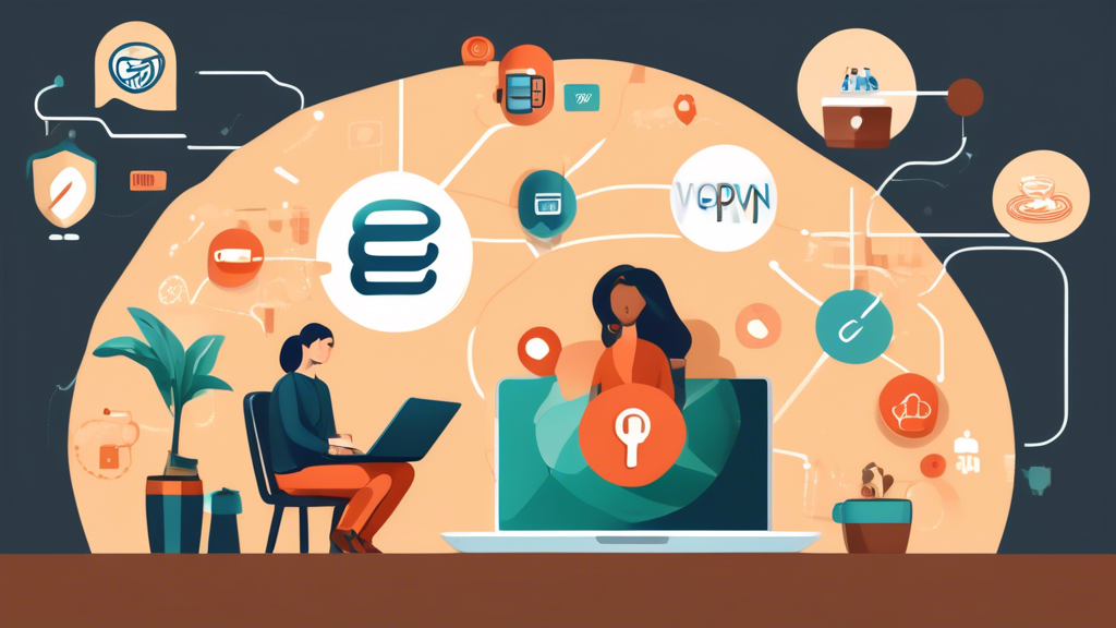 Create an image that visually represents the benefits of using a VPN, emphasizing improved security when accessing public networks, the ability to reach geo-blocked and censored content, and its potential impact on internet speed and network performance. Show a person using a laptop in a coffee shop, with icons depicting secure connections, global internet access (e.g., unlocked content from various countries), and speed indicators. Include subtle elements like shields, padlocks, and speedometer graphics to highlight these advantages.