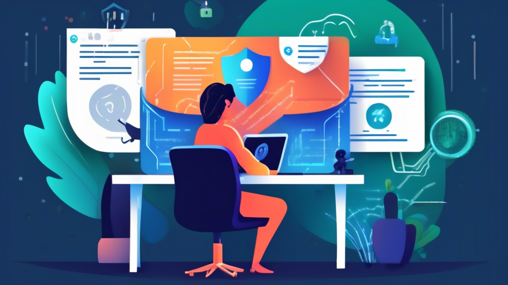 An image showcasing the concept of enhancing online privacy through best practices and tips. The focal point is a person sitting at a desk, attentively working on a laptop. Around the person, visual elements symbolizing different privacy strategies are illustrated, such as a strong padlock representing strong passwords, a shield symbolizing multi-factor authentication, a cloak for anonymous browsing, and a software update icon. The background features subtle references to cyber threats, like shadowy figures and data streams, highlighting the importance of protection. The overall color scheme includes techy blues and secure greens, enhancing the sense of security and privacy.