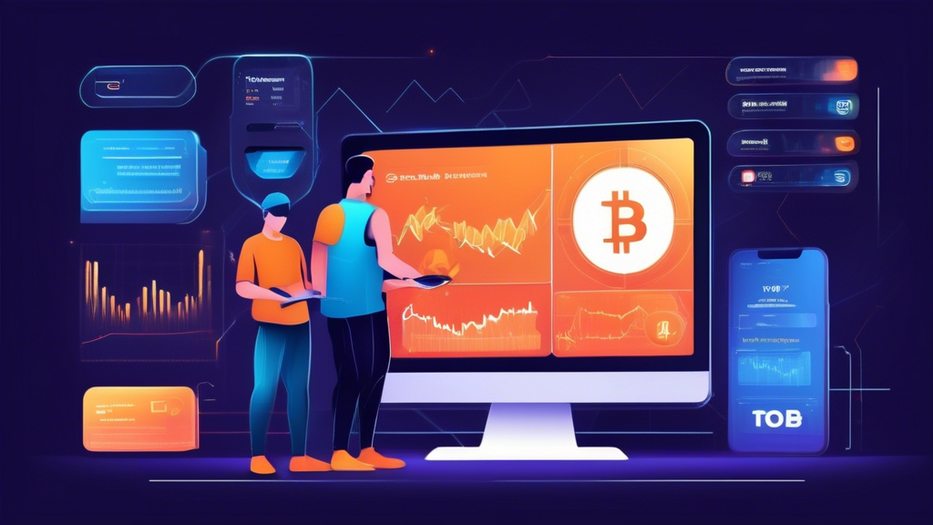 Create a detailed illustration of a user trading on a crypto exchange platform, highlighting key advanced features and tools such as charts, order types like limit and stop-loss, and security measures like two-factor authentication. The user interface should be sleek and modern, reflecting a high-tech and secure environment. Include visual elements that represent fast transactions and potential gains to emphasize the benefits of efficient and strategic trading in the crypto world.