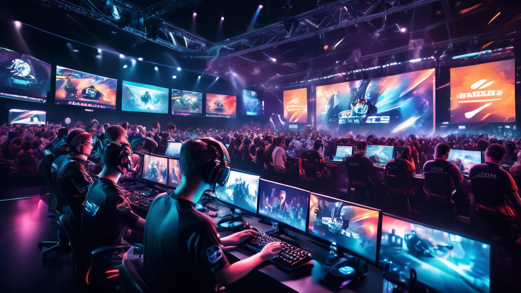Create an image that illustrates the vibrant ecosystem of esports. Show a dynamic scene featuring a professional esports player intensely focused on their screen, surrounded by their team members in a high-tech gaming environment. In the background, depict glimpses of a large live tournament with cheering crowds, flashing sponsor banners, and broadcasters covering the event. Include subtle elements that represent major esports organizations, along with the presence of enthusiastic fans and energetic atmosphere.
