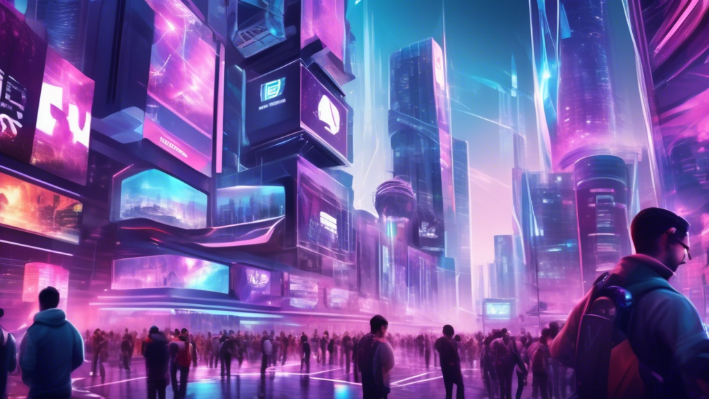 Create an image showing a futuristic cityscape where various holographic ads of esports events and team logos are prominently displayed on skyscrapers. The streets are bustling with people wearing gaming merchandise, and there