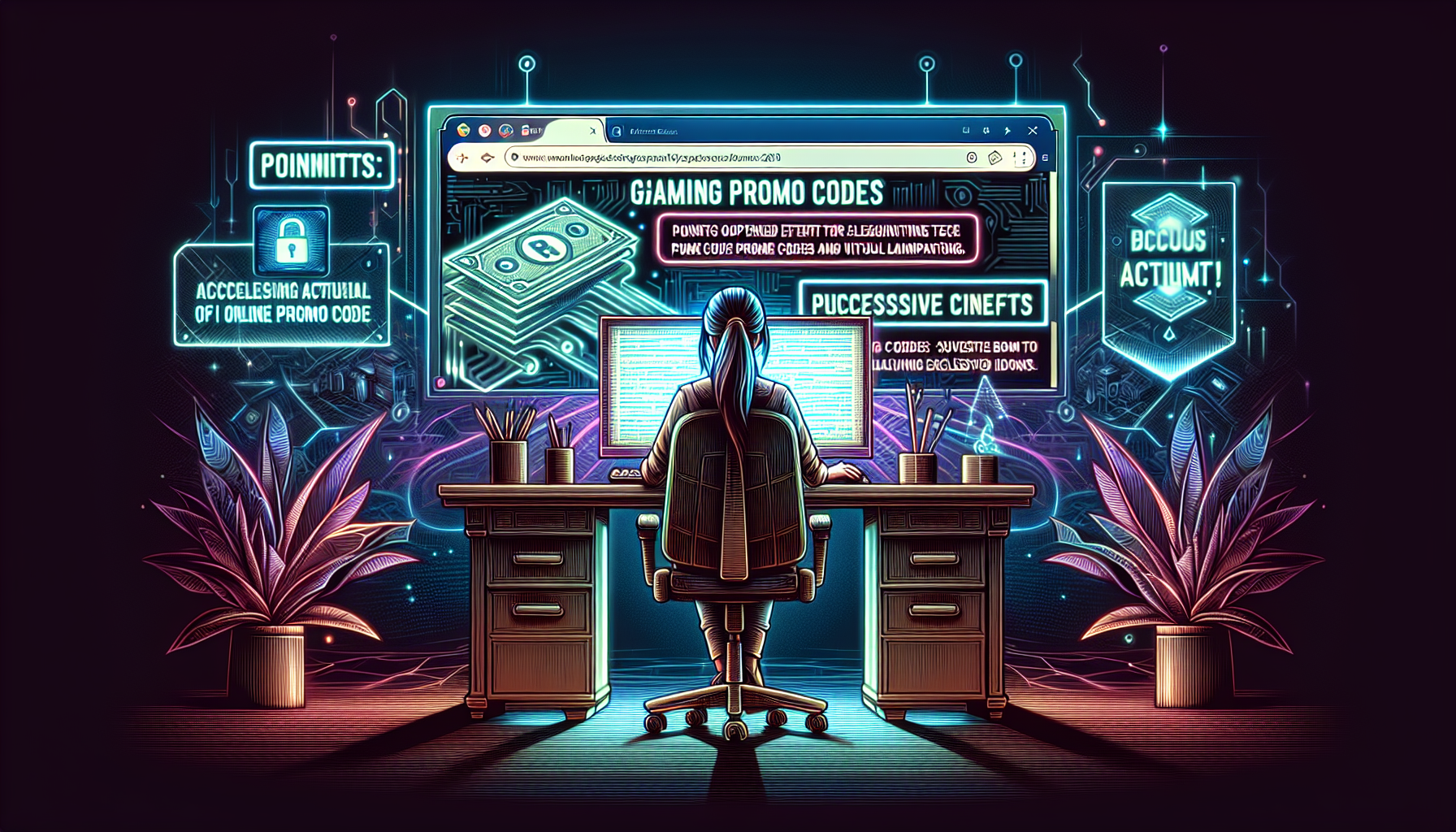 A detailed illustration showing a user sitting at a computer desk, searching for CSGORoll promo codes on various websites. The scene includes a step-by-step guide displayed on the computer screen, demonstrating how to find reliable promo codes and activate them on the CSGORoll platform. Visuals should include browser tabs with legitimate promo code websites, a highlighted promo code entry field on the CSGORoll interface, and icons or pop-ups showing successful activation and benefits, such as additional credits or bonus items. The overall tone should be informative and user-friendly, emphasizing the process and benefits of using promo codes.