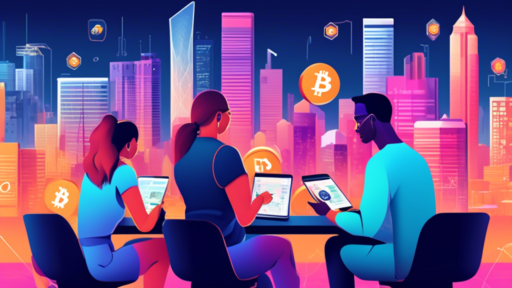 A detailed illustration featuring people evaluating different crypto exchanges on their devices, with floating checklists showcasing key factors such as security, fees, and user reviews. The background can display a modern city skyline with digital currency symbols subtly integrated, highlighting the importance of making informed choices to maximize investment returns in the cryptocurrency market of 2023.