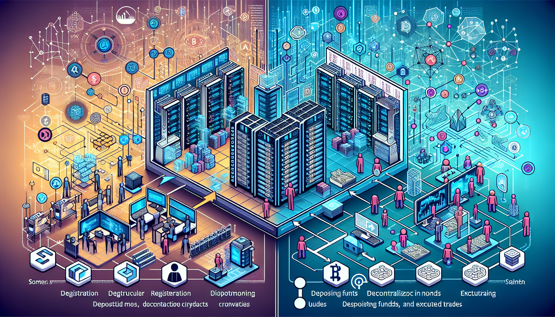 Create an image that illustrates the operational principles of crypto exchanges. Feature a split screen with one side showing the inner workings of a centralized crypto exchange (such as a busy server room with digital transaction graphs) and the other side depicting a decentralized crypto exchange (highlighting blockchain nodes and smart contracts in action). Include visual elements representing the processes of user registration, depositing funds, and executing trades, using icons and arrows to guide the viewer