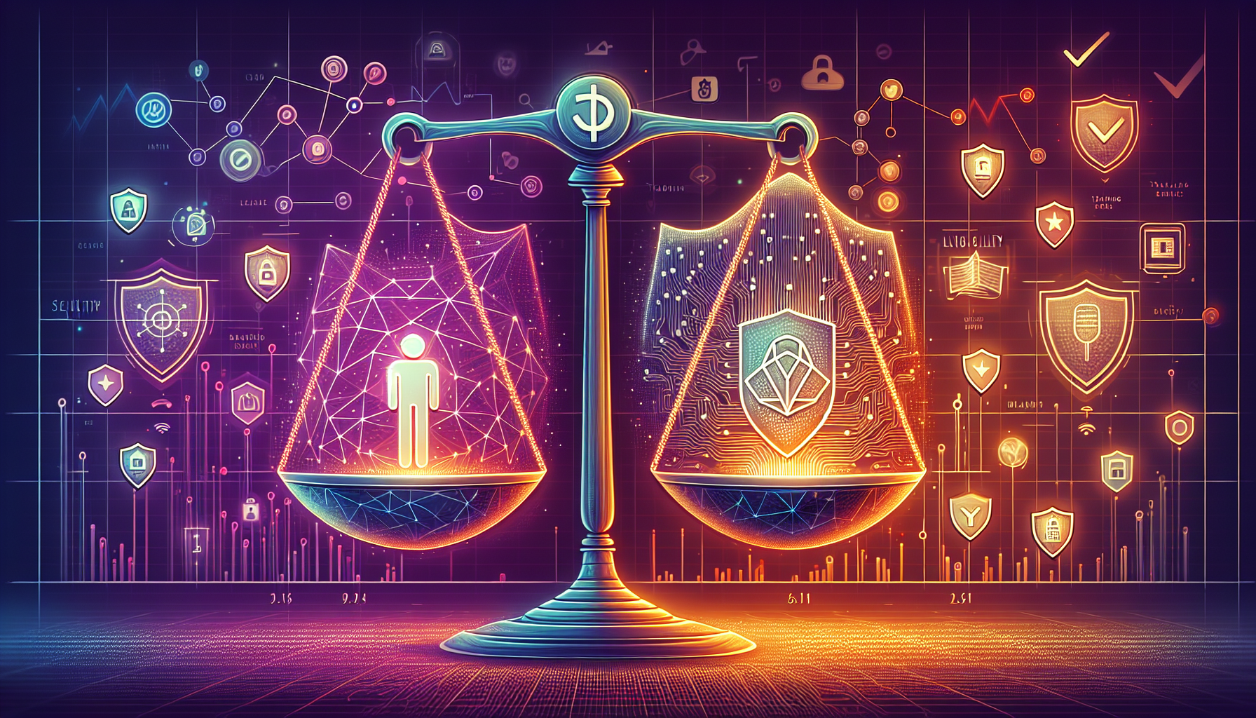 Create an image featuring a balanced scale with digital symbols on each side. On one side, depict the advantages of crypto exchanges such as liquidity symbols, varied trading pairs icons, and a shield for security. On the other side, showcase the risks with icons representing hacks, market volatility, and regulatory risks. In the background, incorporate a diverse set of crypto exchange logos to represent various platforms, and a checklist of tips for choosing a reliable crypto exchange. Surround the scale with elements of blockchain and cryptocurrency to add an informative and educational touch.