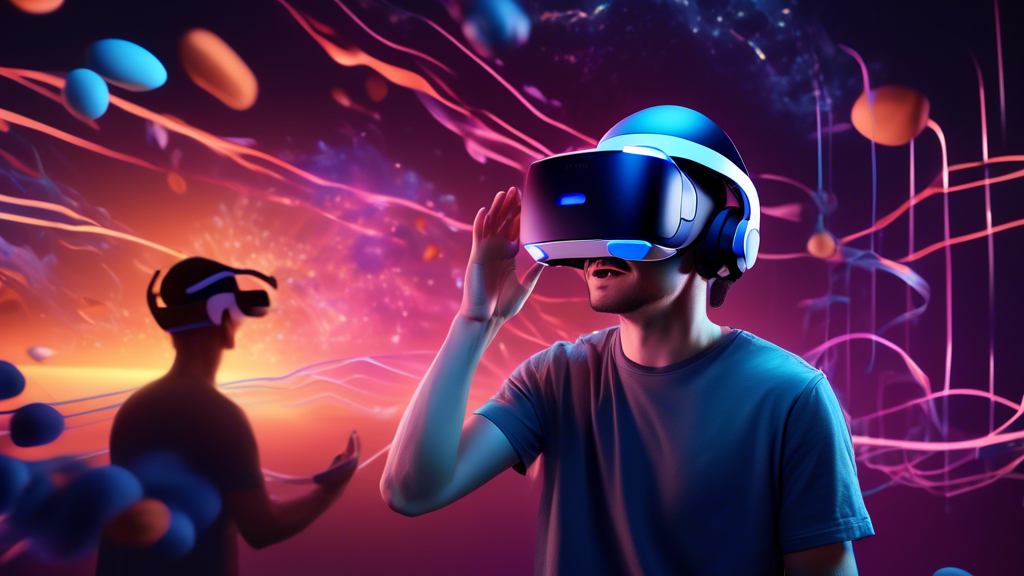 Create an image showcasing a user experiencing PSVR, highlighting the immersive visual and audio experience. The scene should display a high-definition virtual world with advanced optics and realistic soundscapes. Depict 3D audio technology with visual sound waves surrounding the user, emphasizing the cutting-edge nature of PSVR compared to other VR systems.
