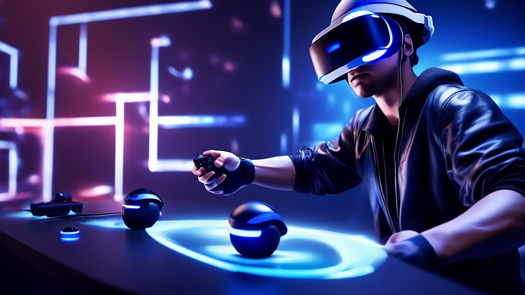 Create an image of a gamer using the PlayStation VR system, showcasing the headset and motion controllers in action within a futuristic gaming environment. The scene highlights immersive gameplay features with dynamic motion tracking, while also displaying a diverse array of exclusive game titles on a sleek virtual interface. Emphasize the seamless integration with the PlayStation ecosystem by including recognizable PlayStation elements and branding throughout the setting.