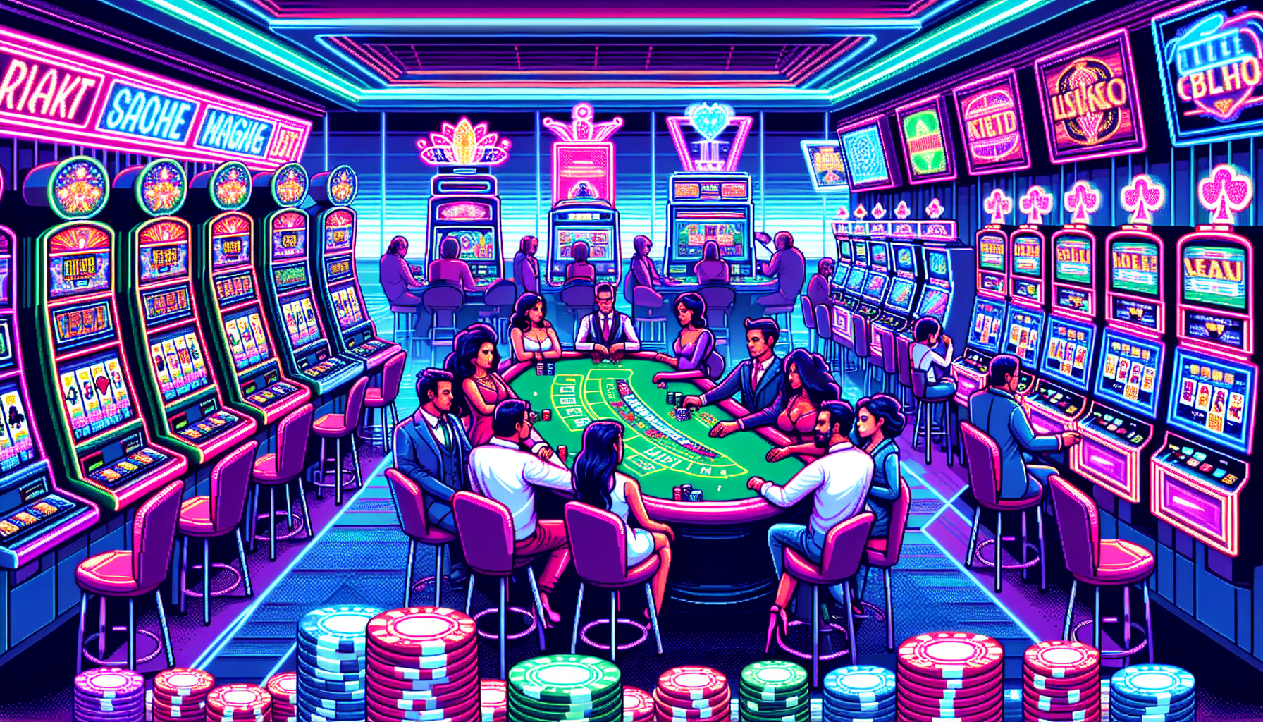 Create an image that showcases a vibrant casino floor with a variety of popular games. The scene should include colorful slot machines on one side, a blackjack table with players engrossed in a game, and a high-stakes poker table where chips are stacked high. The atmosphere is electrified with bright lights, dynamic displays, and an air of excitement. This lively depiction should capture the diversity and appeal of different casino games, emphasizing both table games and electronic games.