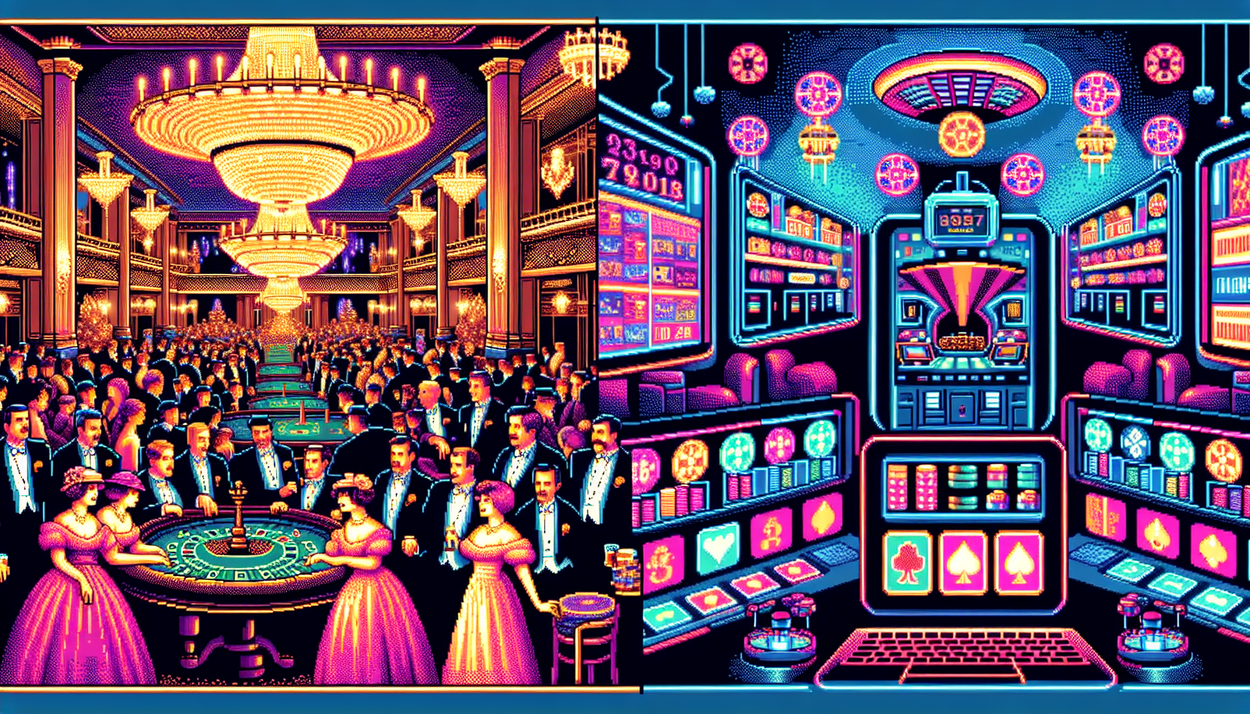 Create an image that showcases the evolution of casinos over time. The left side of the image should depict a glamorous, vintage land-based casino with chandeliers, roulette tables, and people dressed in 1920s attire enjoying games. The right side should transition into a modern online casino, featuring a high-tech digital interface on a laptop or smartphone screen, with virtual slot games and digital poker tables. Ensure the image captures the cultural shift from traditional brick-and-mortar casinos to contemporary online gaming platforms.