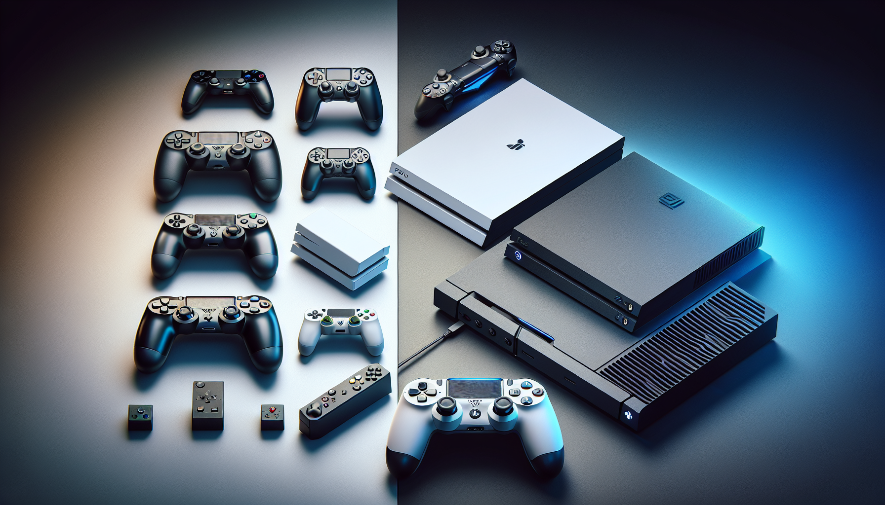 Create an image of the PlayStation 4 Slim showcasing its sleek design and compact build. Feature the console next to the original PlayStation 4 to emphasize the size and design differences. Include elements like the DualShock 4 controller, showing the overall design enhancements. The background should be minimalistic, with a focus on highlighting the elegance and modernity of the PlayStation 4 Slim compared to its predecessor.