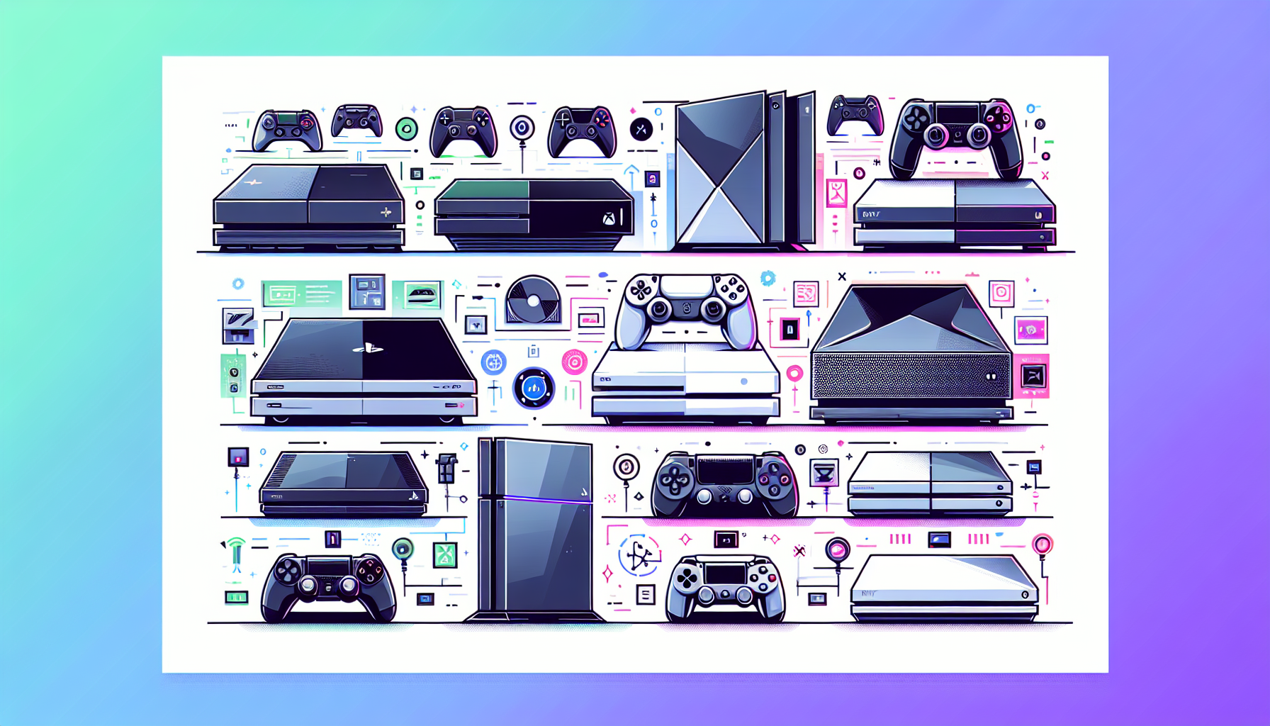 Prompt for DALL-E: Create an image that compares the PlayStation 4 Slim to other consoles in the market. Display the PlayStation 4 Slim alongside the original PlayStation 4, PlayStation 4 Pro, Xbox One S, and Nintendo Switch. Highlight key differences with infographics, such as performance metrics, design elements, and price points. Use a clean and modern design for the comparison chart.