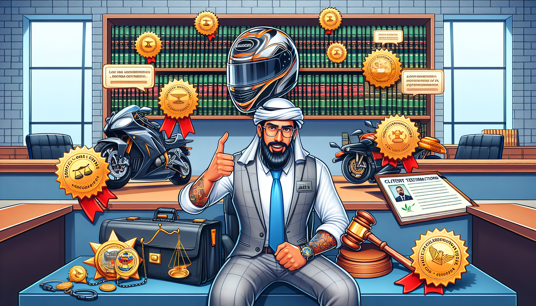 Portrait of a professional motorcycle crash lawyer in a courtroom, displaying badges of certification and surrounded by appreciative client testimonials and legal books, showcasing his trial skills and mediation expertise.