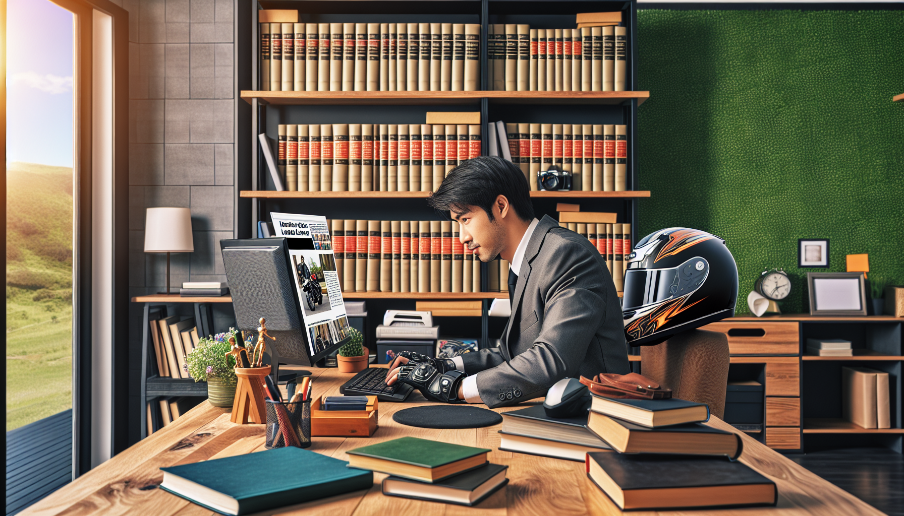 An image of a person thoughtfully researching motorcycle crash lawyers on a computer in a serene home office, surrounded by legal books and a motorcycle helmet on the desk, symbolizing a focused approach to finding specialized legal assistance.