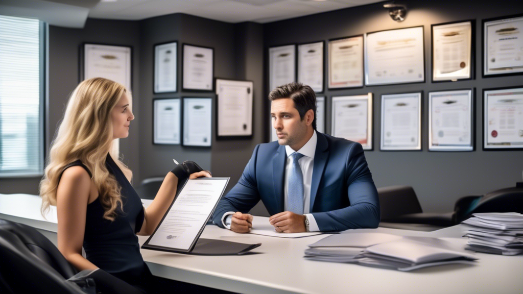 DALL-E Prompt: A professional jet ski accident lawyer in a modern office setting, confidently discussing case details with a client. Highlight the lawyer