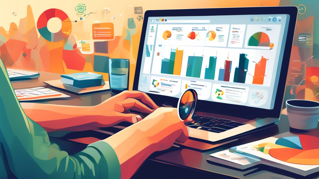 A hand holding a magnifying glass over a computer screen displaying a dashboard with graphs, charts, and customer reviews from various platforms like Google, Yelp, and Facebook. The keywords Review Monitoring and Sentiment Analysis are subtly incorporated into the image.