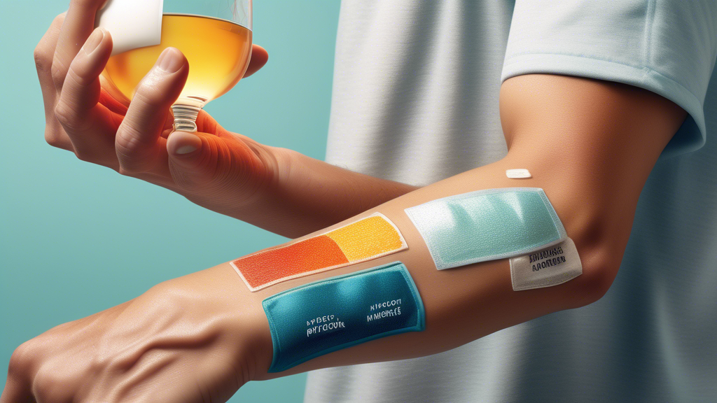 Create an illustration showing a person applying an alcohol patch on their arm with a magnified view of the patch revealing vitamins, antioxidants, and minerals being absorbed through the skin to symbolize the science behind hangover relief.