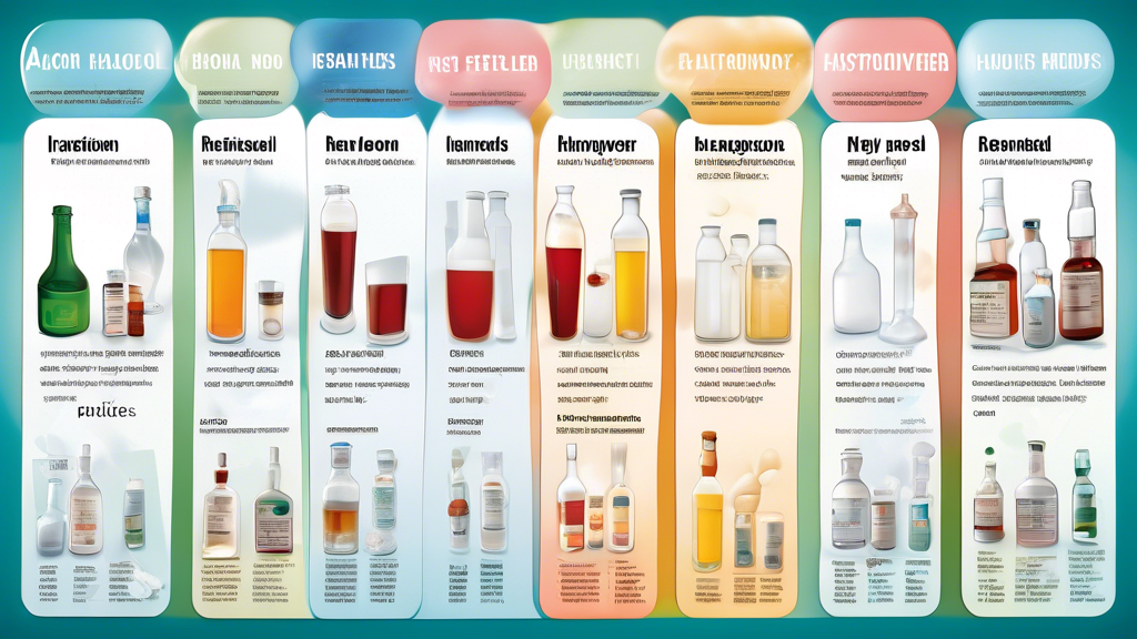 An image showing a scientific comparison chart displaying alcohol patches versus traditional hangover remedies like oral supplements and hydration therapy. Include illustrated representations of each remedy and overlays of positive and negative effects on the human body, accompanied by user testimonials and expert quotes in thought bubbles.