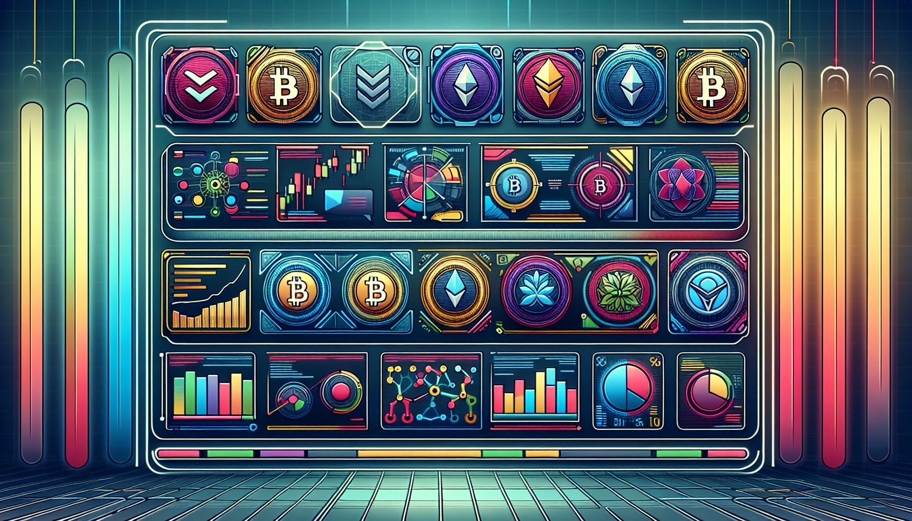 Create an image that depicts a sleek, futuristic digital dashboard filled with colorful logos of popular cryptocurrencies like Bitcoin, Ethereum, and others. The dashboard should also feature charts, graphs, and scrolling ticker tapes showing live updates and market trends. The background should evoke a high-tech financial environment, symbolizing the importance of staying informed with a comprehensive cryptocurrency list.