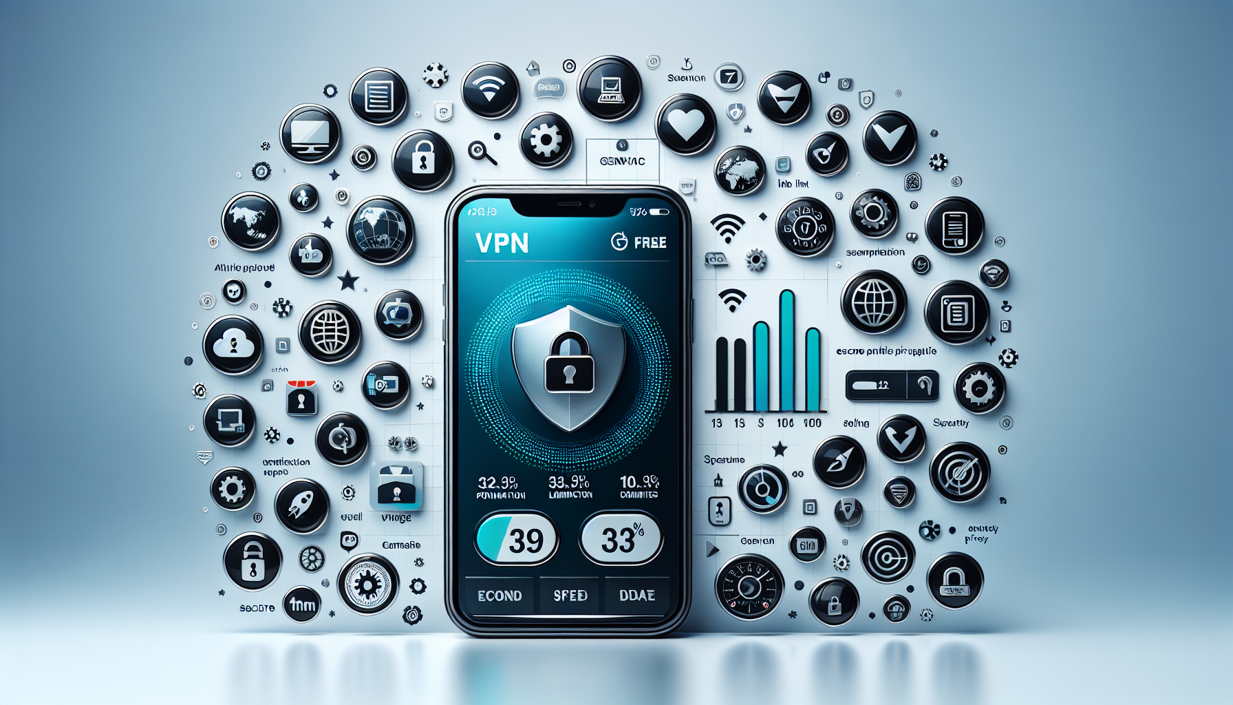 Create an image with a modern iPhone displaying a variety of free VPN app icons on the screen. Surrounding the iPhone, place comparison charts, speedometer icons to represent speed, data limit icons, and streaming service logos to represent compatibility. Include a subtle background of a secure lock symbol to emphasize online security. Ensure the overall style is clean, high-tech, and informative.