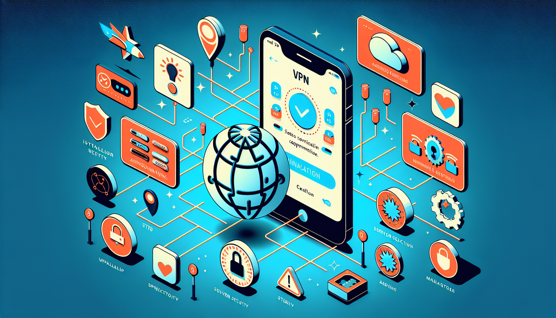 Create an image showing an iPhone screen displaying a VPN app interface. Surrounding the phone, illustrate a step-by-step guide to setting up a free VPN, using simple, clear icons for installation, selecting a server, and connecting. Include icons for maximizing security and performance, such as updating the app, checking server status, and managing settings. Add a subtle caution symbol to indicate the limitations of free VPNs. The overall design should be clean, user-friendly, and informative. Keywords: free VPN for iPhone, setup guide, security tips, app interface, best practices.