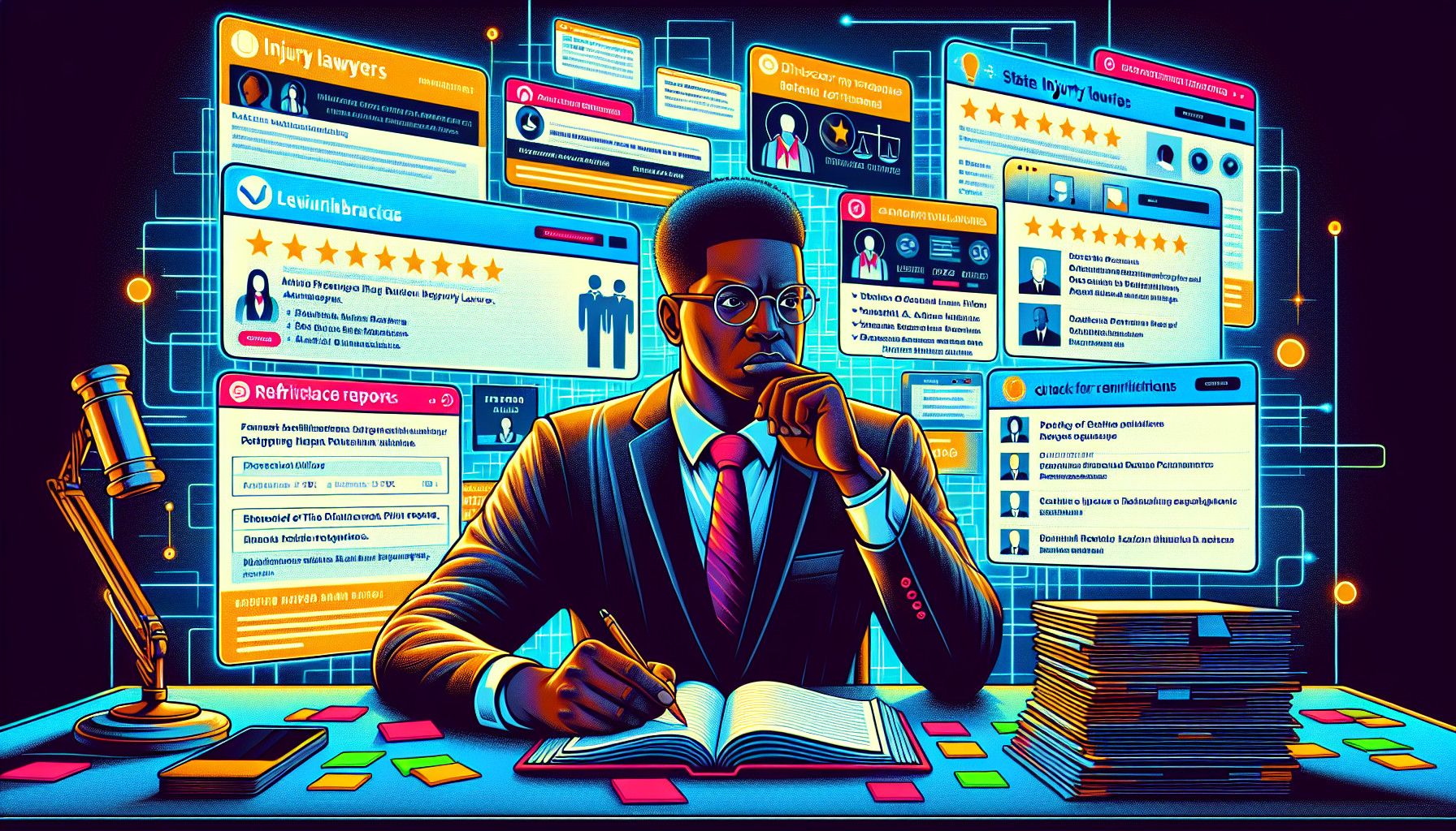 An insightful person at a desk surrounded by multiple glowing screens, each displaying different resources like law firm directories, state bar associations, and review sites. The person, reflecting a thoughtful expression, is making notes and highlighting key points related to injury lawyers, with a visible stack of referral letters and a check for disciplinary records nearby.