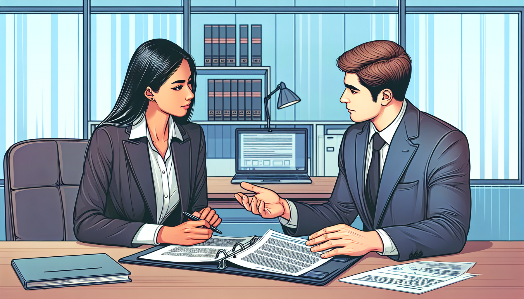 An illustration depicting a lawyer and a client sitting in a well-organized office during an initial consultation. The lawyer, professional and empathetic, is attentively listening to the client who is explaining his injury with the help of documents and medical reports spread out on the desk. There are legal books and a laptop open with legal software in the background, enhancing the detailed atmosphere of specialized legal advice and support.