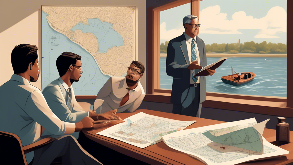 DALL-E prompt: Illustrate a professional scene in a law office with a focus on boat accidents. The image should depict a diverse group of clients consulting with an attorney who is pointing at a map of local waterways on a wall. Include visible books on maritime law in the background and a laptop open with a forum discussing boat accident lawyers. The atmosphere should convey seriousness and professionalism, highlighting the specific expertise of the lawyer in maritime issues.