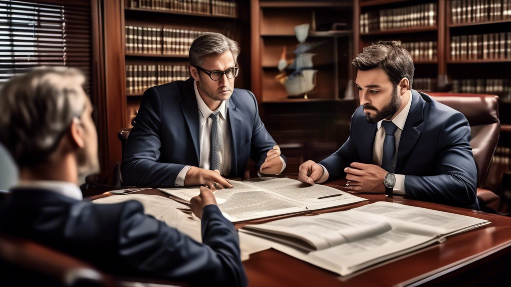 An intense and focused consultation scene in a law office where a potential client, involved in a boating accident, is asking a lawyer about their experience with boat accident cases, their case strategy, and fee structure. The lawyer, experienced and confident, is providing detailed explanations while pointing at legal documents. The office is filled with maritime-related legal books and a decorative model of a boat.