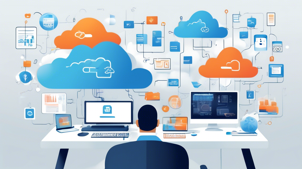 Create an image showing a modern office setting where employees are seamlessly working on their computers and digital devices, with a prominent visual representation of digital cloud storage. Display elements illustrating **data security** (e.g., lock and shield icons) and **reliable data access** (e.g., download/upload arrows, cloud icons) to highlight the benefits of cloud storage. Include subtle elements indicating **quick data recovery** and real-world company usage, such as a framed certificate or a case study document on the desk with success stamps. The overall vibe should be professional and secure, showcasing how cloud storage protects and reliably supports business operations.