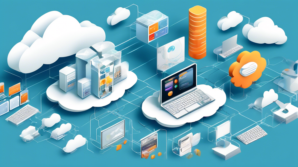 Create an image that visually represents the scalability and flexibility of cloud storage for business growth. Focus on dynamic, interconnected cloud elements that expand and contract as needed. Include various business applications and IT infrastructure seamlessly integrating with the cloud, illustrating how adaptable and scalable solutions support company growth.