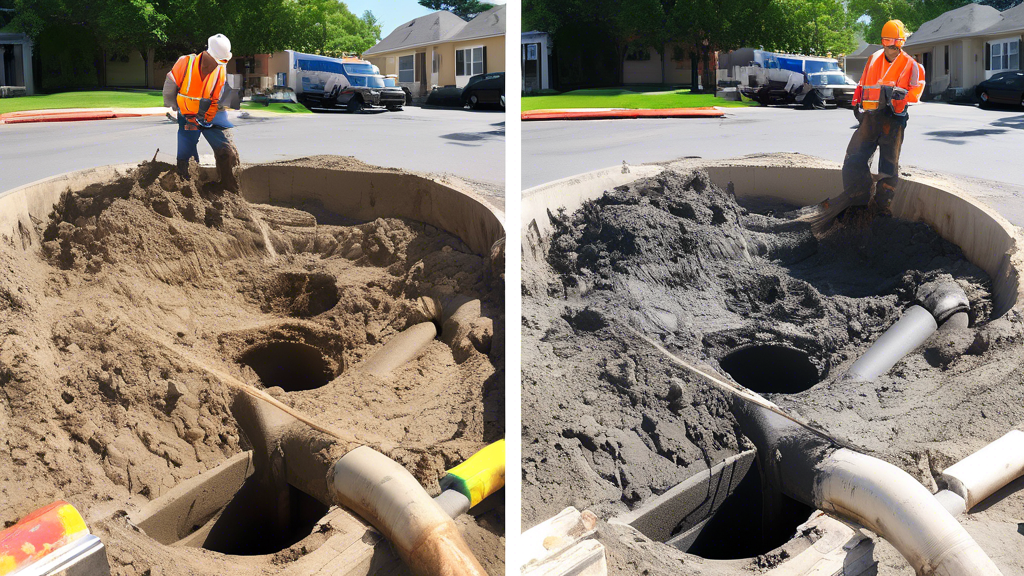Create an image that highlights the benefits of trenchless sewer line replacement, focusing on minimal invasiveness, cost-effectiveness, and durability. Show a side-by-side comparison of a traditional sewer excavation site, which is messy and disruptive, versus a trenchless method with minimal surface disruption. Include elements like a clean street surface, workers using advanced trenchless technology, a clock to symbolize time efficiency, and icons or signs indicating cost savings and extended longevity.