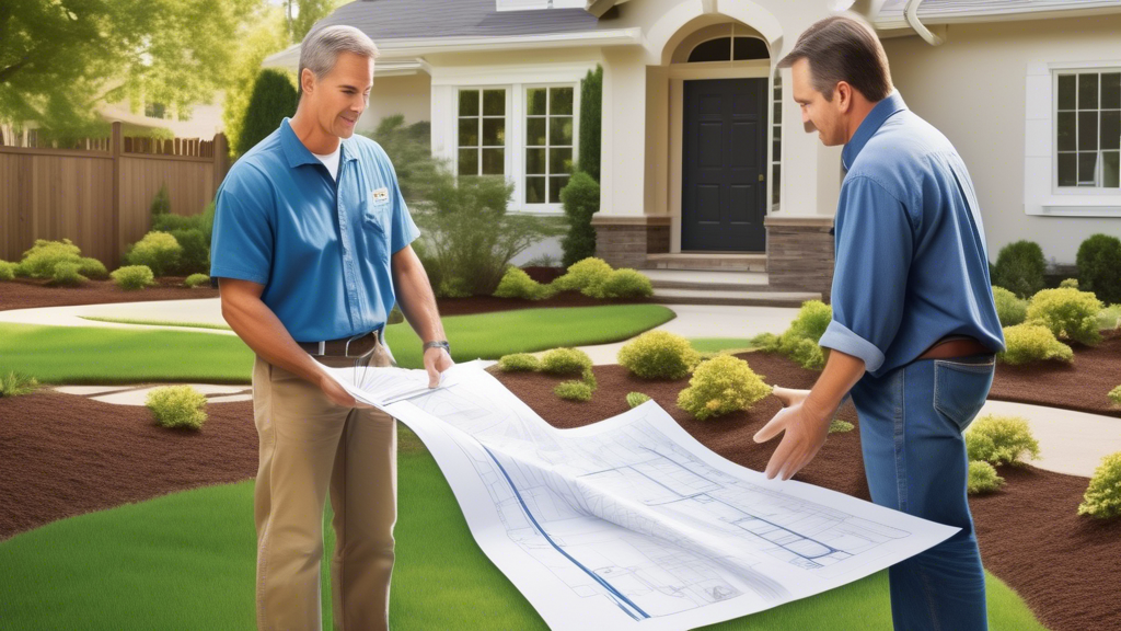 Create an image that depicts a homeowner meeting with a qualified contractor in a well-maintained yard. The homeowner and contractor are discussing plans and examining blueprints for a trenchless sewer line replacement project. Tools and equipment specific to trenchless technology, such as a pipe bursting machine, are visible in the background. The setting should convey careful planning and a collaborative approach, highlighting the initial steps of preparation and evaluation. The atmosphere is professional and friendly, with clear attention to detail and quality.