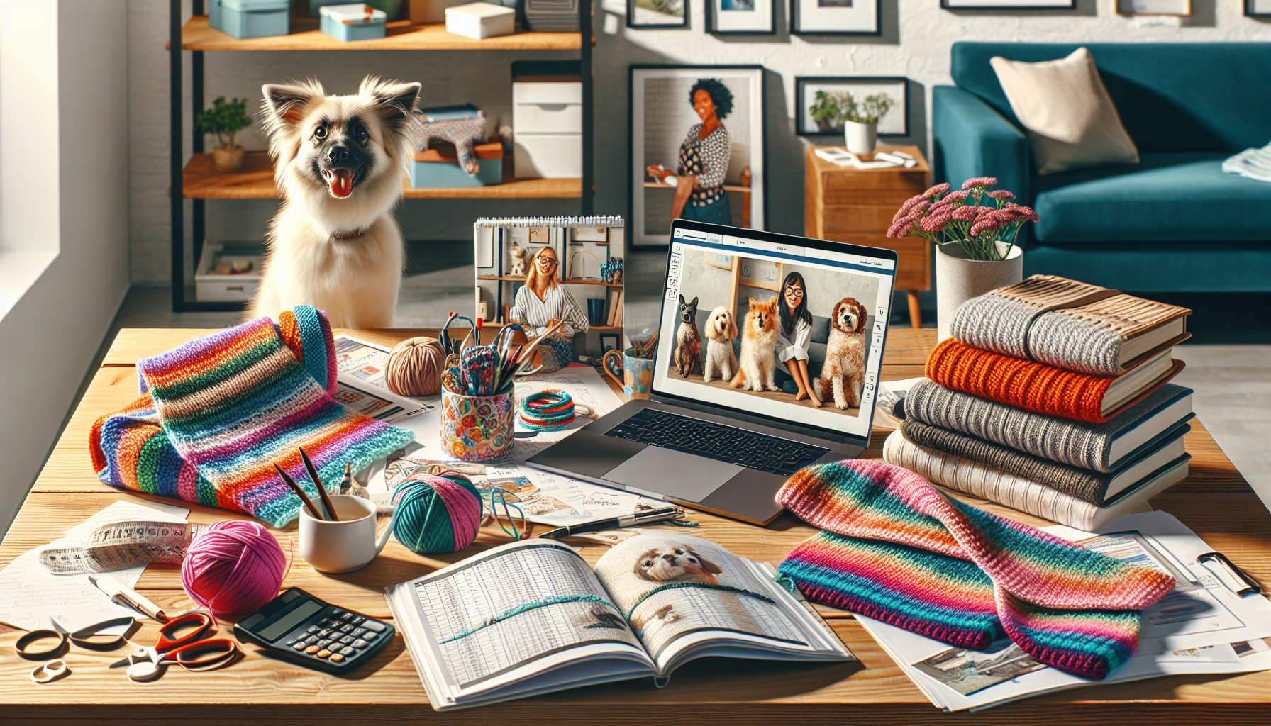 DALL-E Prompt: A cozy home office setting showcasing various home-based gigs. On a neatly organized desk, vibrant handmade crafts like knitted scarves and painted mugs are displayed alongside bookkeeping ledgers and financial documents. Nearby, a laptop screen shows a website for pet sitting services, featuring playful dogs and happy pet sitters. The ambiance feels welcoming and productive, reflecting the versatility of leveraging existing skills for easy side hustles from home.