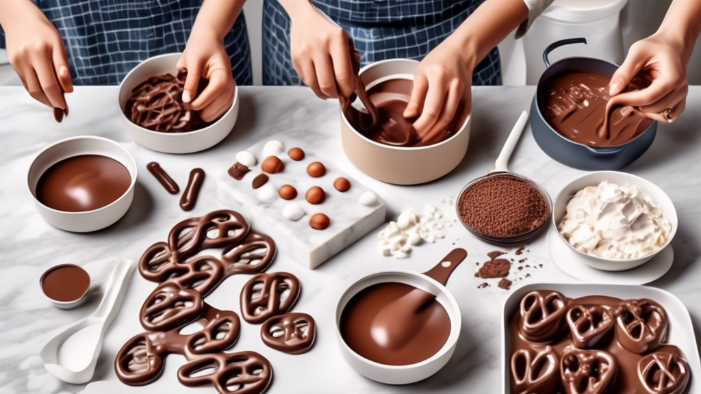 Step-by-step process of making chocolate covered pretzels, showing a person melting different types of chocolate (milk, dark, white) in pots, selecting various pretzel shapes, and a display of necessary ingredients and kitchen tools on a marble countertop.