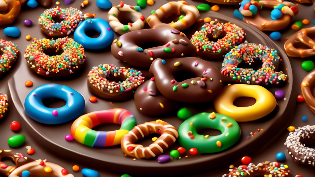 Detailed illustration of a variety of chocolate covered pretzels decorated with an assortment of toppings such as rainbow sprinkles, crushed nuts, and caramel drizzle, presented on a festive platter with a background suggesting different seasons including holiday themes.