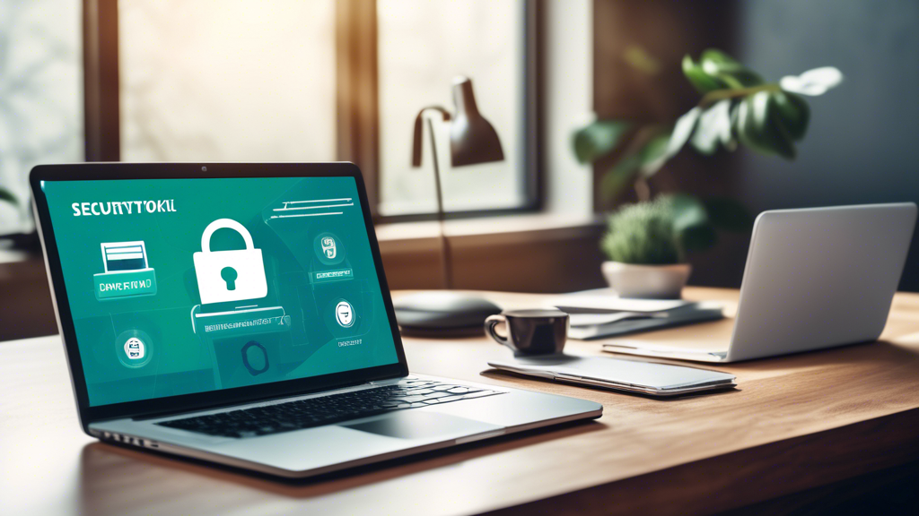 Create an image of a digital security toolkit, where several elements represent top strategies for online privacy protection. Picture a laptop screen displaying a password manager app, with icons of a lock, a VPN, and a multi-factor authentication prompt. Beside the laptop, show a stylized browser with a secure connection symbol and around it, symbols of routine software updates and an anti-malware shield. In the background, features representing safe browsing habits, like a shield guarding digital footprints, can be subtly included. The color palette should convey a sense of security and trust, using blues, greens, and whites.