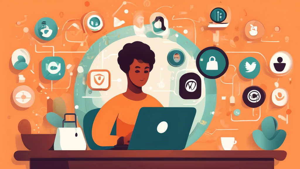 Create an image showing a person using a laptop in a cozy coffee shop, with visual elements emphasizing online privacy protection. The person is surrounded by icons representing social media privacy settings, a shield symbol for Wi-Fi security, and a lock symbol for anonymizing personal data. The background includes subtle depictions of a busy coffee shop environment, but the focus is on the person and the privacy protection icons, giving a clear message about maintaining online privacy in social media and public networks.